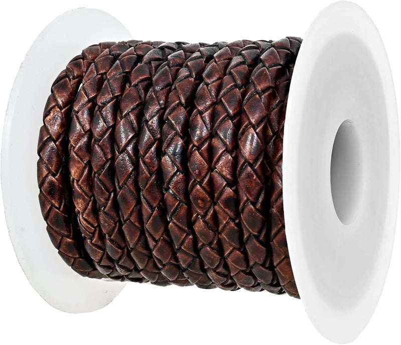 GENIQUE Real/Genuine Round Braided Leather Cord String Rope Folded, Leather Rope for Crafts, Jewelry Making, Necklace, Bracelets (5 Metres) (5mm, Antique Brown Distressed) - Image 1
